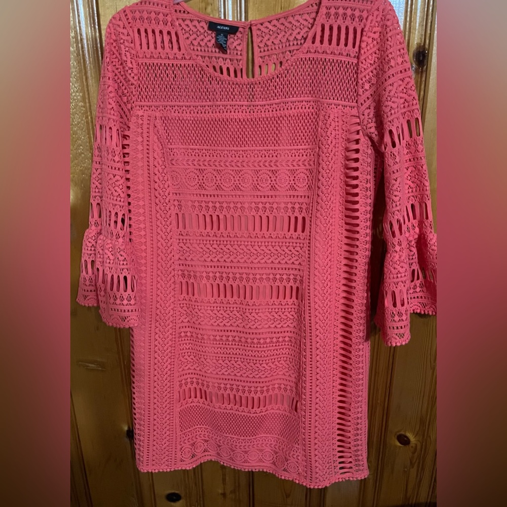 NWOT Alfani Women's Coral Colored Fully Lined Crochet Dress - Size 16